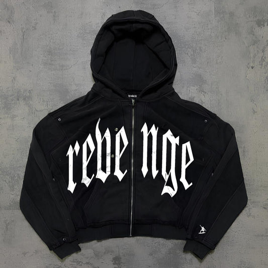 Black hoodie with 'revenge' text 

